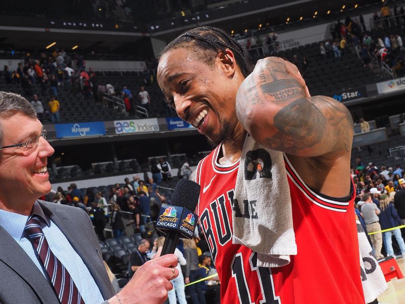 INDIANAPOLIS, IN - MARCH 13:  DeMar DeRozan #11 of the Chicago Bulls talks to the media after the game  on March 13, 2024 at Gainbridge Fieldhouse in Indianapolis, Indiana. NOTE TO USER: User expressly acknowledges and agrees that, by downloading and or using this Photograph, user is consenting to the terms and conditions of the Getty Images License Agreement. Mandatory Copyright Notice: Copyright 2024 NBAE (Photo by Ron Hoskins/NBAE via Getty Images)