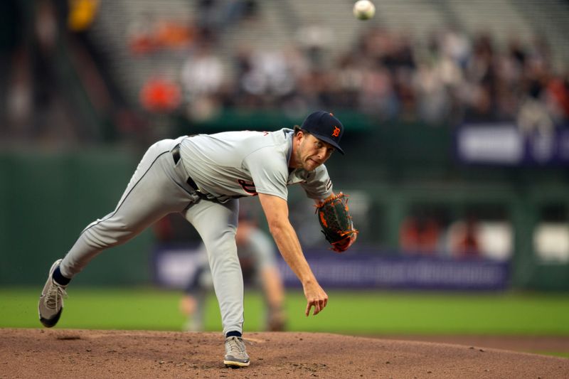 Aug 9, 2024; San Francisco, California, USA; Detroit Tigers starting pitcher Beau Brieske (4) delivers a pitch against the San Francisco Giants during the first inning at Oracle Park. Mandatory Credit: D. Ross Cameron-USA TODAY Sports