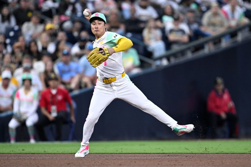 Jun 21, 2024; San Diego, California, USA; San Diego Padres shortstop Ha-Seong Kim (7) throws to first base during the fifth inning against the Milwaukee Brewers at Petco Park. Kim was charged with an error on the throw. Mandatory Credit: Orlando Ramirez-USA TODAY Sports