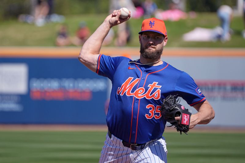 Feb 27, 2024; Port St. Lucie, Florida, USA;  New York Mets pitcher Adrian Houser (35) warms-up before the game against the Miami Marlins at Clover Park. Mandatory Credit: Jim Rassol-USA TODAY Sports