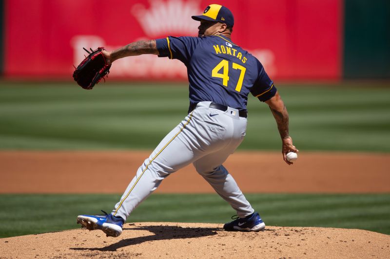 Aug 25, 2024; Oakland, California, USA; Milwaukee Brewers starting pitcher Frankie Montas (47) delivers a pitch against the Oakland Athletics during the first inning at Oakland-Alameda County Coliseum. Mandatory Credit: D. Ross Cameron-USA TODAY Sports