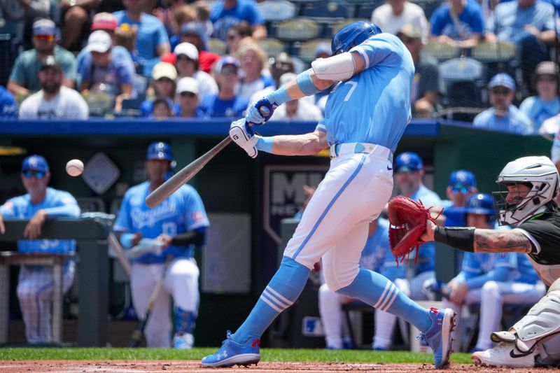 Jul 21, 2024; Kansas City, Missouri, USA; Kansas City Royals shortstop Bobby Witt Jr. (7) hits a single against the Chicago White Sox in the first inning at Kauffman Stadium. Mandatory Credit: Denny Medley-USA TODAY Sports