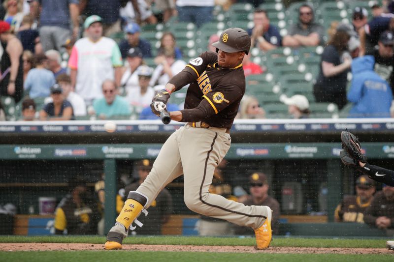 Jul 23, 2023; Detroit, Michigan, USA; San Diego Padres outfielder Juan Soto (22) bats during the ninth inning at Comerica Park. Mandatory Credit: Brian Bradshaw Sevald-USA TODAY Sports