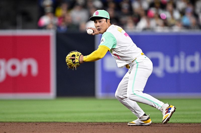 Apr 19, 2024; San Diego, California, USA; San Diego Padres shortstop Ha-Seong Kim (7) throws to first base during the fifth inning against the Toronto Blue Jays at Petco Park. Mandatory Credit: Orlando Ramirez-USA TODAY Sports 