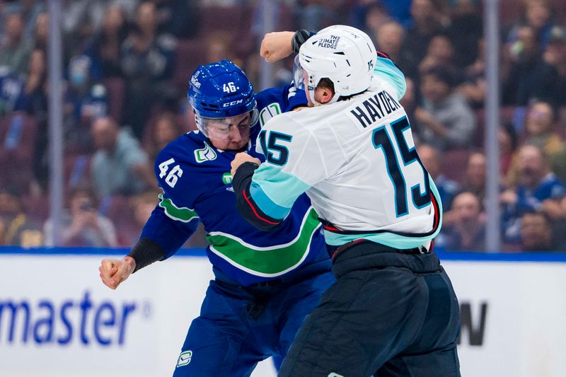 Sep 24, 2024; Vancouver, British Columbia, CAN; Seattle Kraken forward Brandon Biro (15) fights with Vancouver Canucks forward Vilmer Alriksson (46) during the first period at Rogers Arena. Mandatory Credit: Bob Frid-Imagn Images