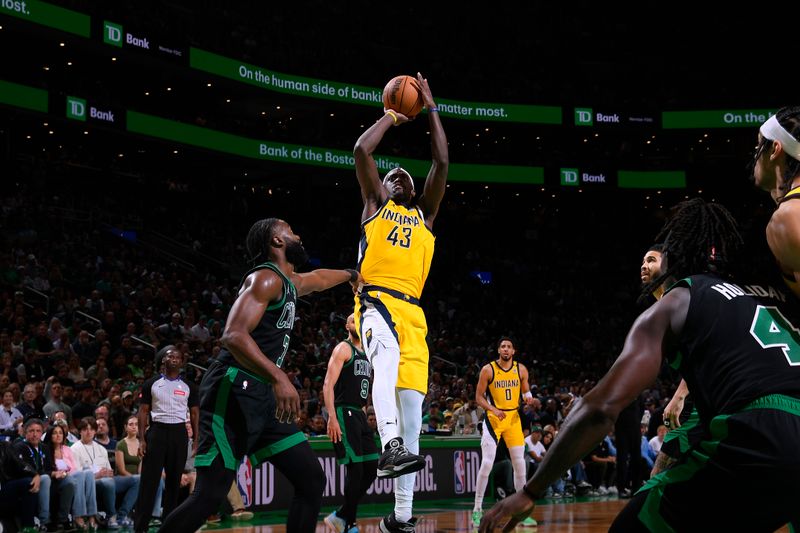 BOSTON, MA - MAY 23: Pascal Siakam #43 of the Indiana Pacers shoots the ball during the game against the Boston Celtics during Game 2 of the Eastern Conference Finals of the 2024 NBA Playoffs on May 23, 2024 at the TD Garden in Boston, Massachusetts. NOTE TO USER: User expressly acknowledges and agrees that, by downloading and or using this photograph, User is consenting to the terms and conditions of the Getty Images License Agreement. Mandatory Copyright Notice: Copyright 2024 NBAE  (Photo by Brian Babineau/NBAE via Getty Images)