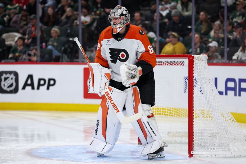 Mar 12, 2026; Saint Paul, Minnesota, USA; Philadelphia Flyers goaltender Dan Vladar (80) defends his net against the Minnesota Wild during the second period at Grand Casino Arena. Mandatory Credit: Matt Krohn-Imagn Images