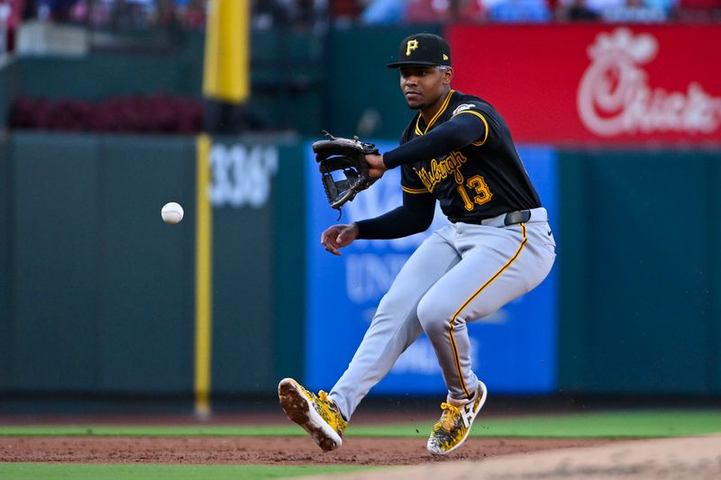 Jun 11, 2024; St. Louis, Missouri, USA;  Pittsburgh Pirates third baseman Ke'Bryan Hayes (13) fields a ground ball against the St. Louis Cardinals during the second inning at Busch Stadium. Mandatory Credit: Jeff Curry-USA TODAY Sports
