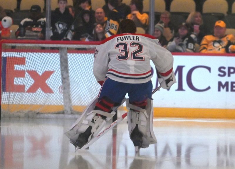 Dec 11, 2025; Pittsburgh, Pennsylvania, USA;  Montreal Canadiens goalie Jacob Fowler (32) heads to the net in warm ups as he is set to make his debut against the Pittsburgh Penguins at PPG Paints Arena. Mandatory Credit: Philip G. Pavely-Imagn Images