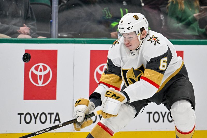 Dec 9, 2023; Dallas, Texas, USA; Vegas Golden Knights defenseman Kaedan Korczak (6) skates against the Dallas Stars during the third period at the American Airlines Center. Mandatory Credit: Jerome Miron-USA TODAY Sports