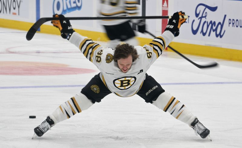 May 2, 2024; Toronto, Ontario, CAN;   Boston Bruins forward David Pastrnak (88) warms up before playing the Toronto Maple Leafs in game six of the first round of the 2024 Stanley Cup Playoffs at Scotiabank Arena. Mandatory Credit: Dan Hamilton-USA TODAY Sports