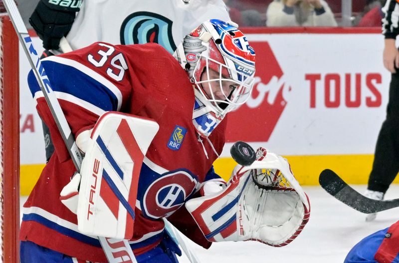 Dec 4, 2023; Montreal, Quebec, CAN; Montreal Canadiens goalie Sam Montembeault (35) makes a save during the third period of the game against the Seattle Kraken at the Bell Centre. Mandatory Credit: Eric Bolte-USA TODAY Sports