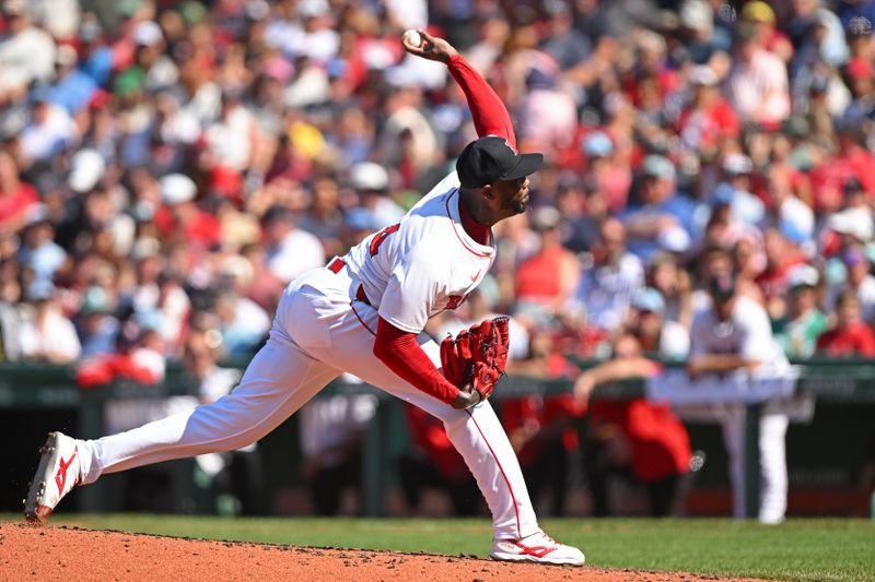 Jul 13, 2025; Boston, Massachusetts, USA; Boston Red Sox pitcher Aroldis Chapman (44) pitches against the Tampa Bay Rays during the ninth inning  at Fenway Park. Mandatory Credit: Brian Fluharty-Imagn Images