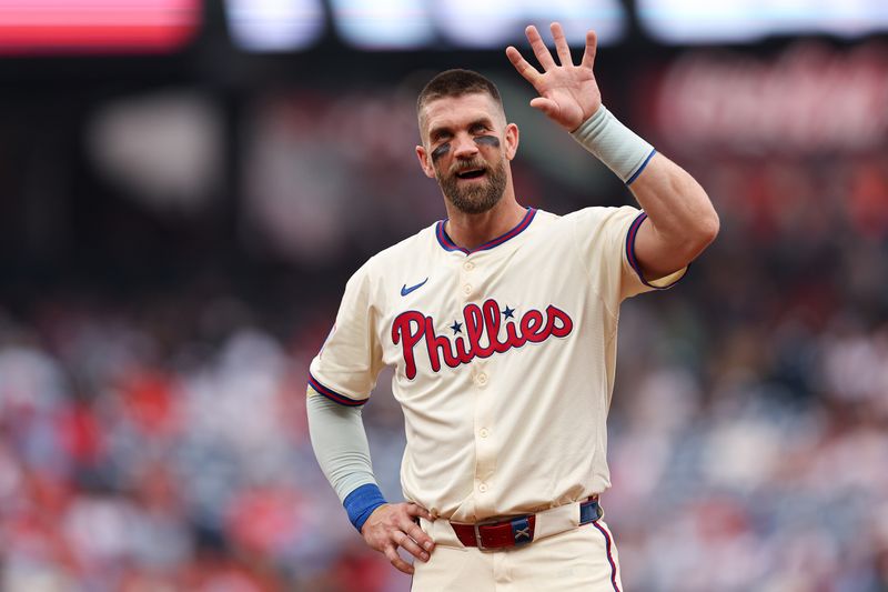 Aug 6, 2025; Philadelphia, Pennsylvania, USA; Philadelphia Phillies first base Bryce Harper (3) waves after the first inning against the Baltimore Orioles at Citizens Bank Park. Mandatory Credit: Bill Streicher-Imagn Images