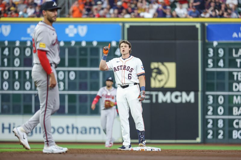 Apr 16, 2024; Houston, Texas, USA; Houston Astros center fielder Jake Meyers (6) reacts after hitting a double during the third inning against the Atlanta Braves at Minute Maid Park. Mandatory Credit: Troy Taormina-USA TODAY Sports