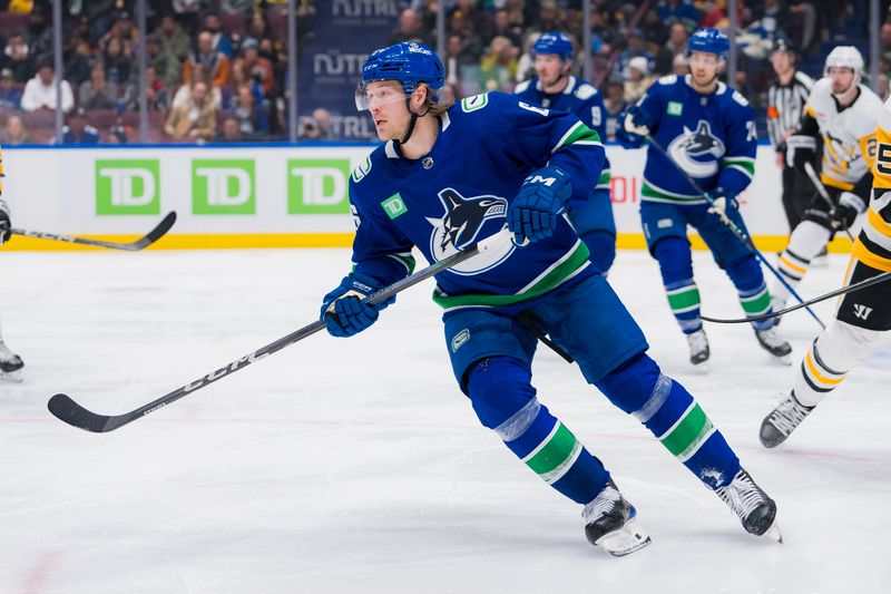 Feb 27, 2024; Vancouver, British Columbia, CAN; Vancouver Canucks forward Brock Boeser (6) skates against the Pittsburgh Penguins in the third period at Rogers Arena. Penguins won 4-3 in overtime. Mandatory Credit: Bob Frid-USA TODAY Sports