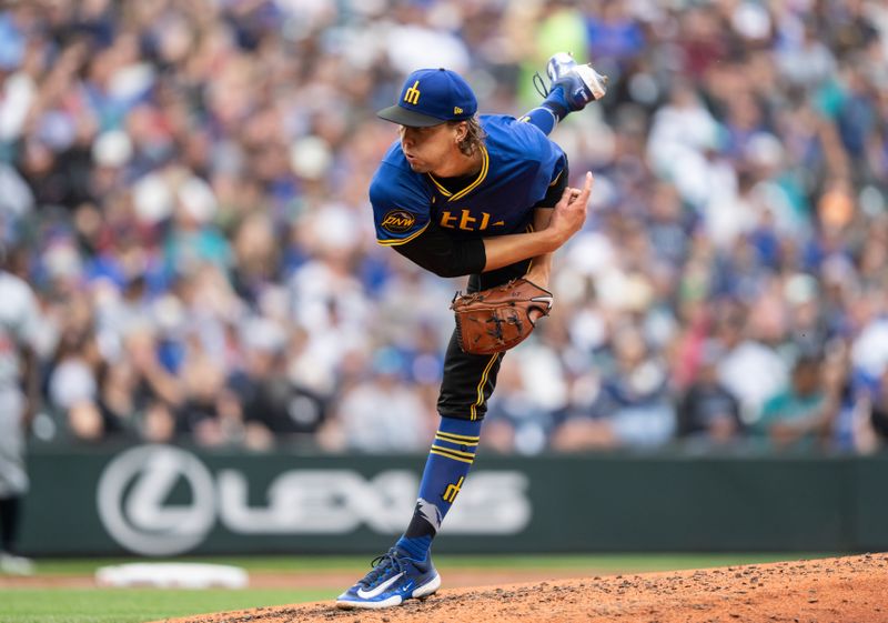 Jun 28, 2024; Seattle, Washington, USA; Seattle Mariners starter Logan Gilbert (36) delivers a pitch during the fifth inning against the Minnesota Twins at T-Mobile Park. Mandatory Credit: Stephen Brashear-USA TODAY Sports