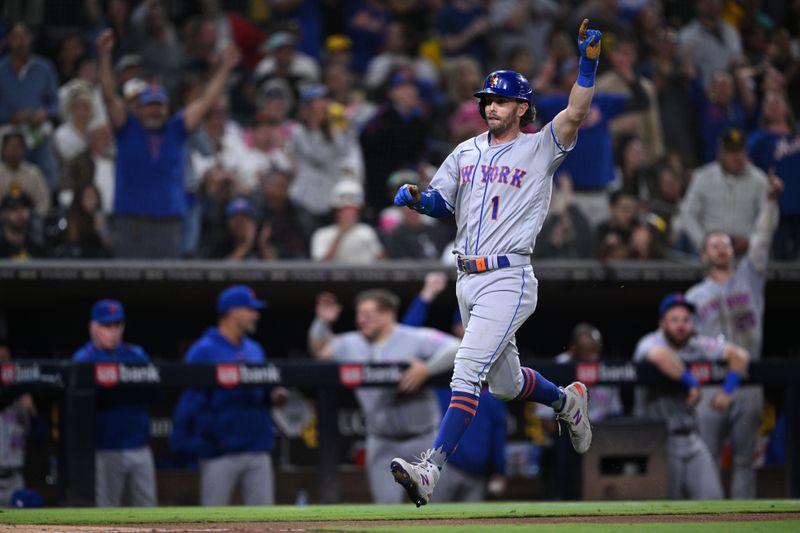 Jul 7, 2023; San Diego, California, USA; New York Mets second baseman Jeff McNeil (1) gestures before scoring a run against the San Diego Padres during the 10th inning at Petco Park. Mandatory Credit: Orlando Ramirez-USA TODAY Sports