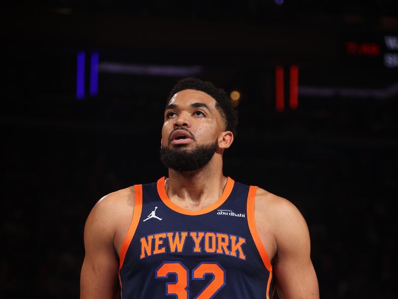 NEW YORK, NY - APRIL 8:  Karl-Anthony Towns #32 of the New York Knicks shoots a free throw during the game against the Boston Celtics on April 8, 2025 at Madison Square Garden in New York City, New York.  NOTE TO USER: User expressly acknowledges and agrees that, by downloading and or using this photograph, User is consenting to the terms and conditions of the Getty Images License Agreement. Mandatory Copyright Notice: Copyright 2025 NBAE  (Photo by Nathaniel S. Butler/NBAE via Getty Images)