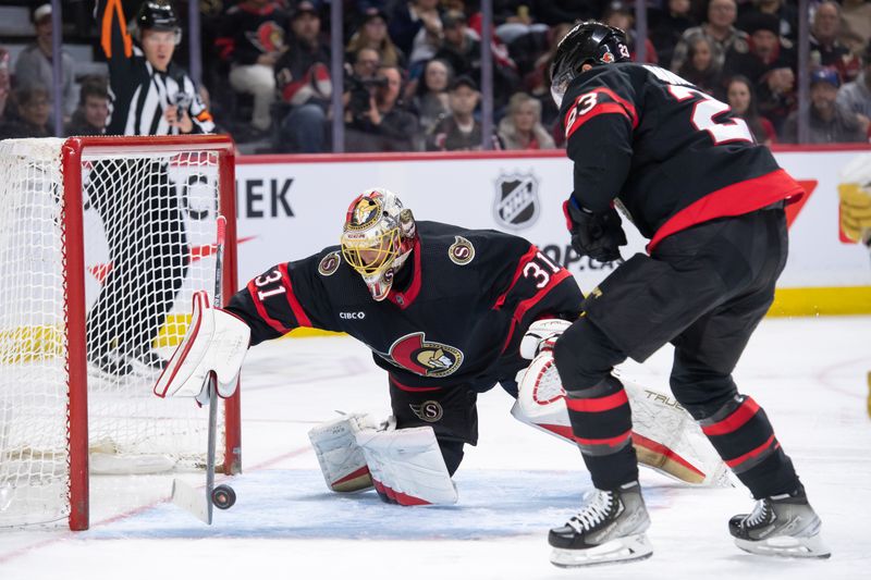 Feb 22, 2024; Ottawa, Ontario, CAN; Ottawa Senators goalie Anton Forsberg (31) tries to settle the puck in the second period against the Vegas Golden Knights at the Canadian Tire Centre. Mandatory Credit: Marc DesRosiers-USA TODAY Sports