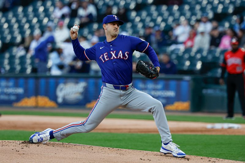 May 23, 2025; Chicago, Illinois, USA; Texas Rangers starting pitcher Tyler Mahle (51) delivers a pitch against the Chicago White Sox during the first inning at Rate Field. Mandatory Credit: Kamil Krzaczynski-Imagn Images