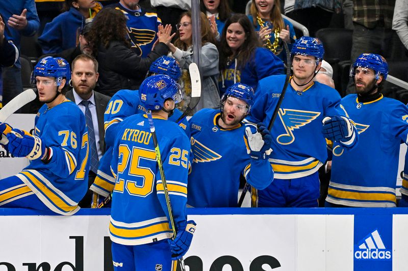 Mar 16, 2024; St. Louis, Missouri, USA;  St. Louis Blues center Jordan Kyrou (25) is congratulated by teammates after scoring against the Minnesota Wild during the second period at Enterprise Center. Mandatory Credit: Jeff Curry-USA TODAY Sports