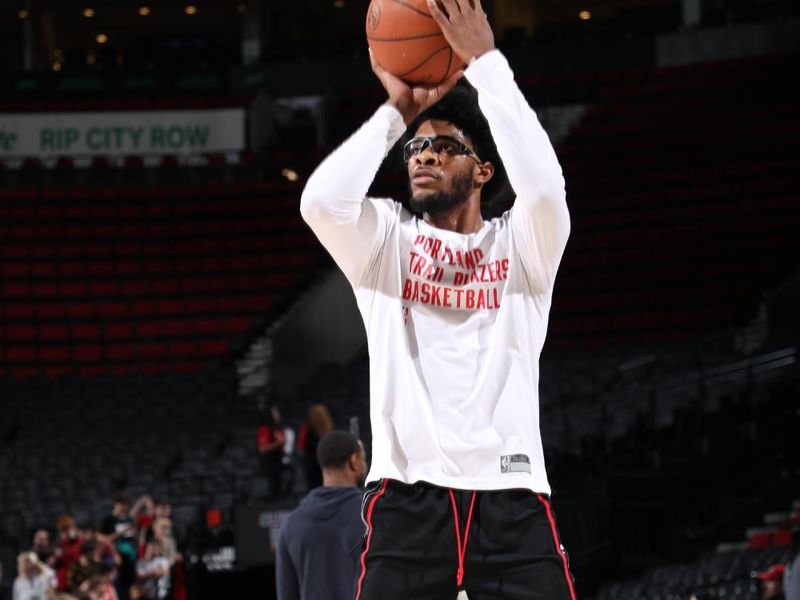 PORTLAND, OR - FEBRUARY 10: Scoot Henderson #00 of the Portland Trail Blazers warms up before the game against the New Orleans Pelicans on February 10, 2024 at the Moda Center Arena in Portland, Oregon. NOTE TO USER: User expressly acknowledges and agrees that, by downloading and or using this photograph, user is consenting to the terms and conditions of the Getty Images License Agreement. Mandatory Copyright Notice: Copyright 2024 NBAE (Photo by Cameron Browne/NBAE via Getty Images)