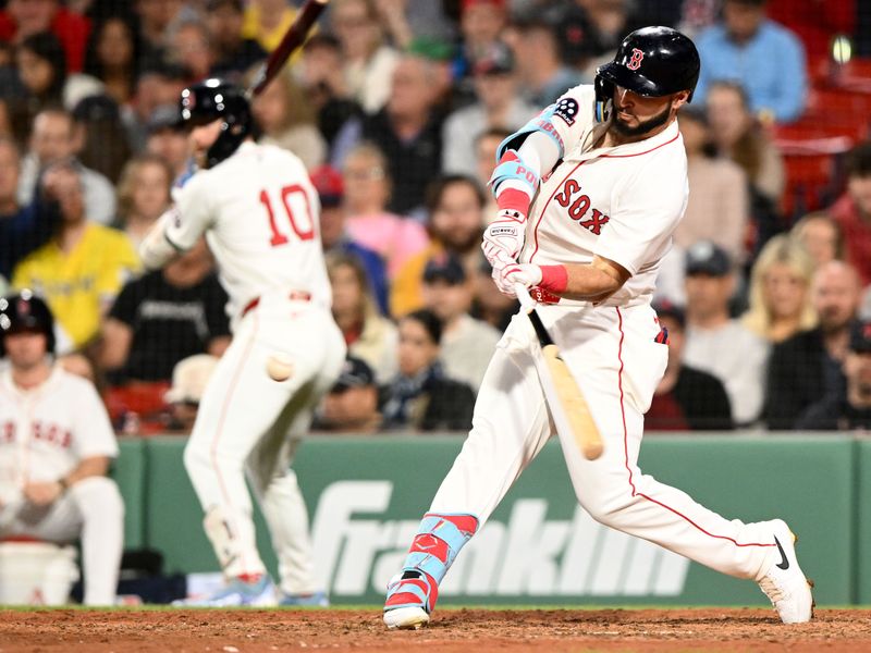 May 7, 2025; Boston, Massachusetts, USA;  Boston Red Sox right fielder Wilyer Abreu (52) hits a home run against the Texas Rangers during the eighth inning at Fenway Park. Mandatory Credit: Brian Fluharty-Imagn Images