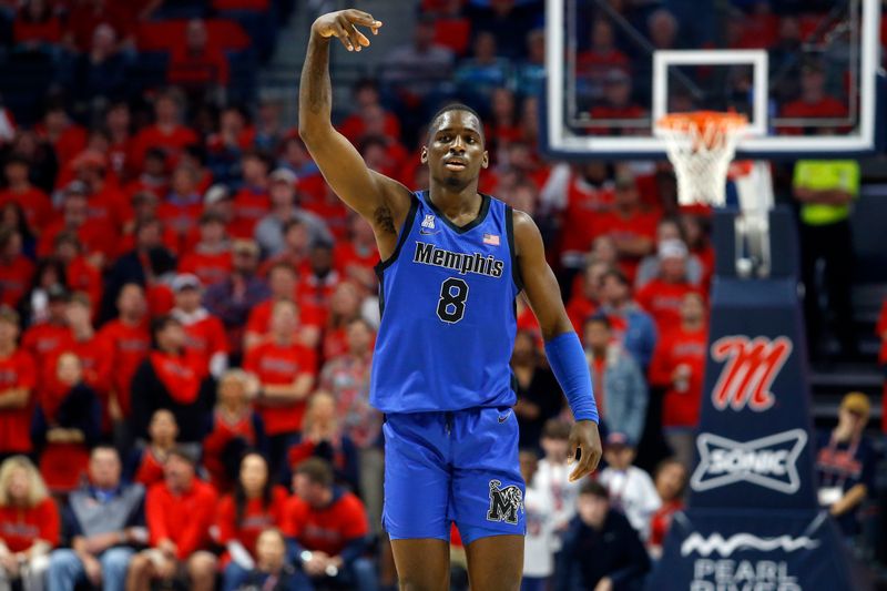 Dec 2, 2023; Oxford, Mississippi, USA; Memphis Tigers forward David Jones (8) reacts during the first half against the Mississippi Rebels at The Sandy and John Black Pavilion at Ole Miss. Mandatory Credit: Petre Thomas-USA TODAY Sports