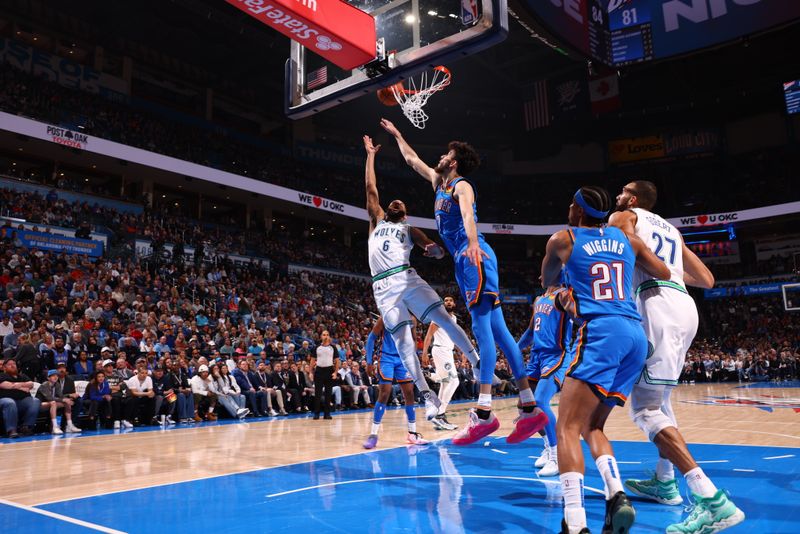 OKLAHOMA CITY, OK - JANUARY 29: Jordan McLaughlin #6 of the Minnesota Timberwolves drives to the basket during the game against the Oklahoma City Thunder on January 29, 2024 at Paycom Arena in Oklahoma City, Oklahoma. NOTE TO USER: User expressly acknowledges and agrees that, by downloading and or using this photograph, User is consenting to the terms and conditions of the Getty Images License Agreement. Mandatory Copyright Notice: Copyright 2024 NBAE (Photo by Zach Beeker/NBAE via Getty Images)