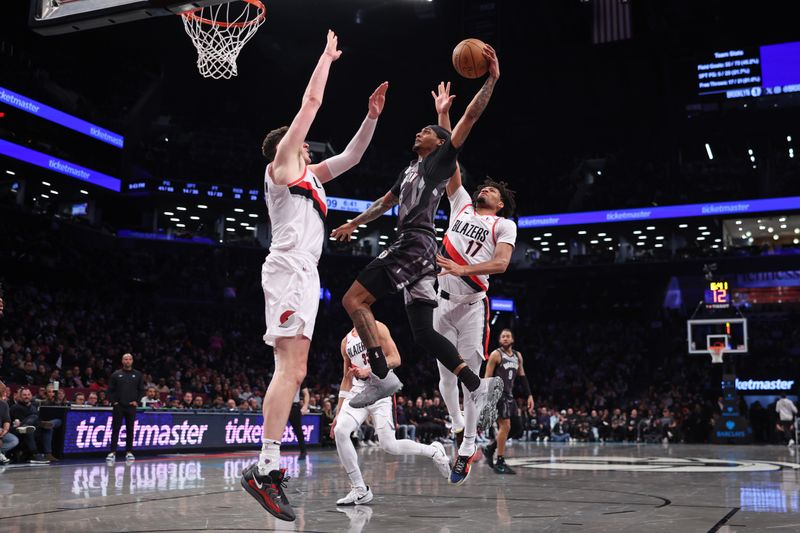 BROOKLYN, NY - FEBRUARY 28:  Keon Johnson #45 of the Brooklyn Nets drives to the basket during the game against the Portland Trail Blazers  on February 28, 2025 at Barclays Center in Brooklyn, New York. NOTE TO USER: User expressly acknowledges and agrees that, by downloading and or using this Photograph, user is consenting to the terms and conditions of the Getty Images License Agreement. Mandatory Copyright Notice: Copyright 2025 NBAE (Photo by Brandon Todd/NBAE via Getty Images)