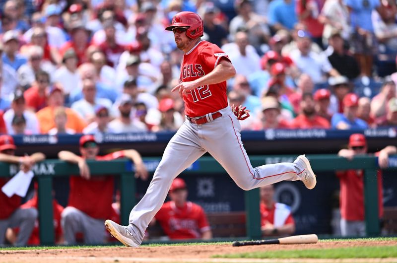 Aug 30, 2023; Philadelphia, Pennsylvania, USA; Los Angeles Angels outfielder Hunter Renfroe (12) advances home to score against the Philadelphia Phillies in the fifth inning at Citizens Bank Park. Mandatory Credit: Kyle Ross-USA TODAY Sports