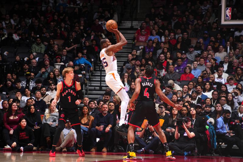 TORONTO, CANADA - FEBRUARY 23:  Kevin Durant #35 of the Phoenix Suns shoots the ball during the game against the Toronto Raptors on February 23, 2025 at the Scotiabank Arena in Toronto, Ontario, Canada.  NOTE TO USER: User expressly acknowledges and agrees that, by downloading and or using this Photograph, user is consenting to the terms and conditions of the Getty Images License Agreement.  Mandatory Copyright Notice: Copyright 2025 NBAE (Photo by Mark Blinch/NBAE via Getty Images)