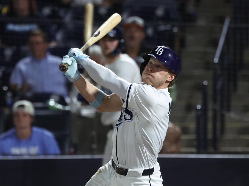 May 20, 2025; St. Petersburg, Florida, USA; Tampa Bay Rays shortstop Taylor Walls (6) hits a  walk-off RBI sacrifice fly to beat the Houston Astros at George M. Steinbrenner Field. Mandatory Credit: Kim Klement Neitzel-Imagn Images