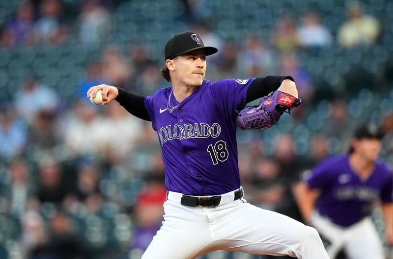 Sep 17, 2024; Denver, Colorado, USA; Colorado Rockies starting pitcher Ryan Feltner (18) delivers a pitch in the first inning against the Arizona Diamondbacks at Coors Field. Mandatory Credit: Ron Chenoy-Imagn Images