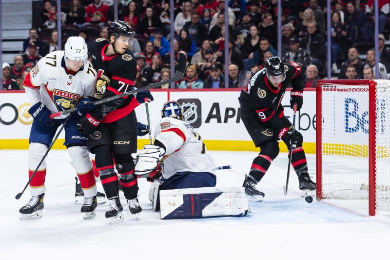 Apr 5, 2025; Ottawa, Ontario, CAN; Ottawa Senators right wing Drake Batherson (19) is unable to capitalize on a loose puck that got past Florida Panthers goalie Sergei Bobrovshy (72) in the first period at the Canadian Tire Centre. Mandatory Credit: Marc DesRosiers-Imagn Images