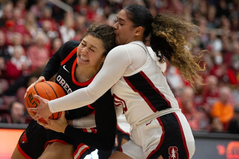 Jan 21, 2024; Stanford, California, USA; Oregon State Beavers guard Talia von Oelhoffen (22) drives to the basket against Stanford Cardinal guard Talana Lepolo (10) during the second quarter at Maples Pavilion. Mandatory Credit: D. Ross Cameron-USA TODAY Sports