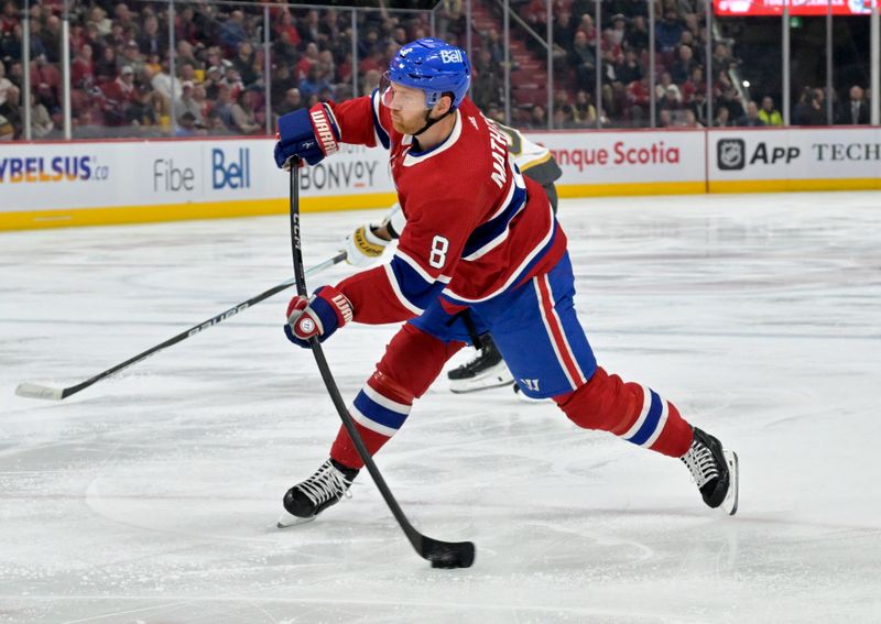 Nov 16, 2023; Montreal, Quebec, CAN; Montreal Canadiens defenseman Mike Matheson (8) takes a shot on net during the second period of the game against the Vegas Golden Knights at the Bell Centre. Mandatory Credit: Eric Bolte-USA TODAY Sports