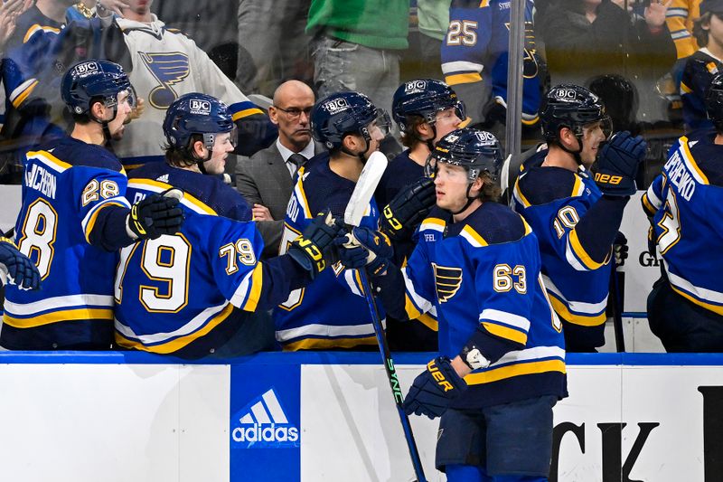 Dec 27, 2023; St. Louis, Missouri, USA;  St. Louis Blues left wing Jake Neighbours (63) is congratulated by teammates after scoring against the Dallas Stars during the first period at Enterprise Center. Mandatory Credit: Jeff Curry-USA TODAY Sports