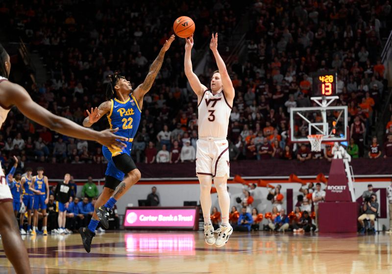 Feb 18, 2023; Blacksburg, Virginia, USA; Virginia Tech Hokies guard Sean Pedulla (3) shoots the ball against Pittsburgh Panthers guard Nike Sibande (22) in the second half at Cassell Coliseum. Mandatory Credit: Lee Luther Jr.-USA TODAY Sports