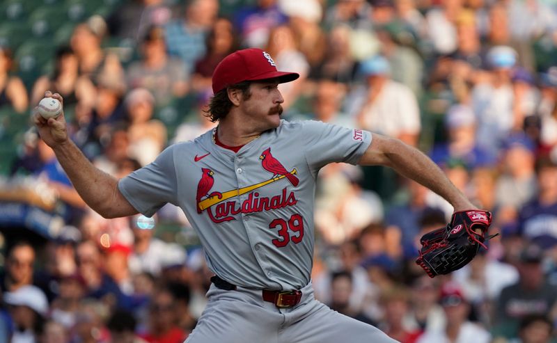Aug 4, 2024; Chicago, Illinois, USA; St. Louis Cardinals pitcher Miles Mikolas (39) throws the ball against the Chicago Cubs during the first inning at Wrigley Field. Mandatory Credit: David Banks-USA TODAY Sports