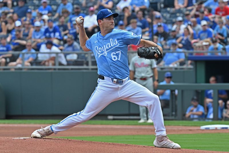 Aug 25, 2024; Kansas City, Missouri, USA;  Kansas City Royals starting pitcher Seth Lugo (67) delivers a pitch in the first inning against the Philadelphia Phillies at Kauffman Stadium. Mandatory Credit: Peter Aiken-USA TODAY Sports