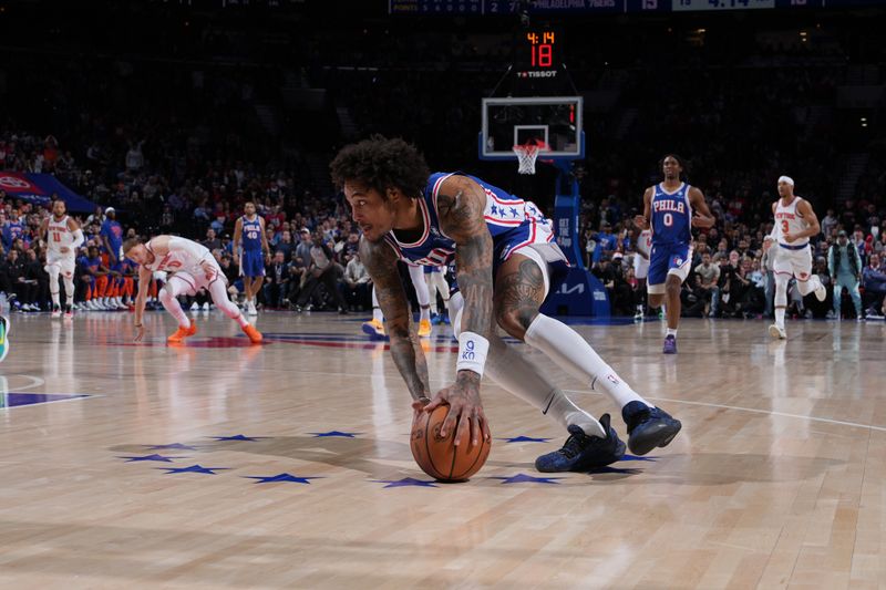 PHILADELPHIA, PA - APRIL 25: Kelly Oubre Jr. #9 of the Philadelphia 76ers dribbles the ball during the game against the New York Knicks during Round 1 Game 3 of the 2024 NBA Playoffs on April 25, 2024 at the Wells Fargo Center in Philadelphia, Pennsylvania NOTE TO USER: User expressly acknowledges and agrees that, by downloading and/or using this Photograph, user is consenting to the terms and conditions of the Getty Images License Agreement. Mandatory Copyright Notice: Copyright 2024 NBAE (Photo by Jesse D. Garrabrant/NBAE via Getty Images)