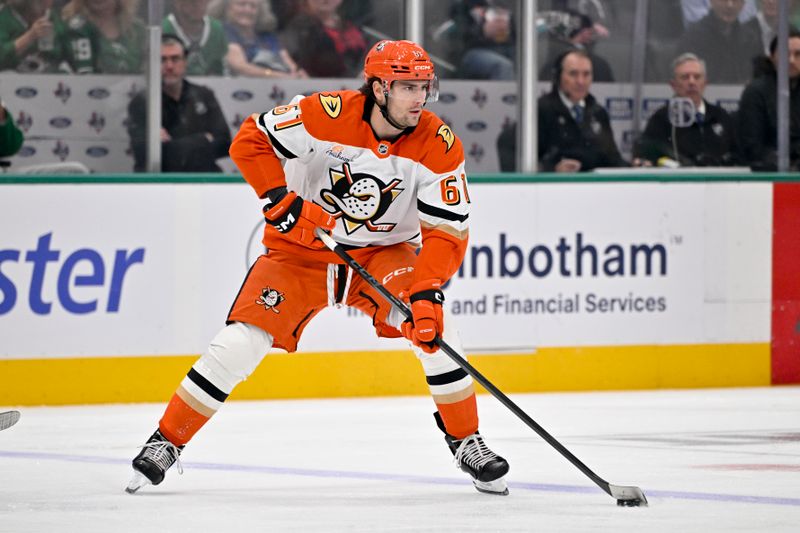 Nov 6, 2025; Dallas, Texas, USA; Anaheim Ducks left wing Cutter Gauthier (61) skates against the Dallas Stars during the first period at the American Airlines Center. Mandatory Credit: Jerome Miron-Imagn Images