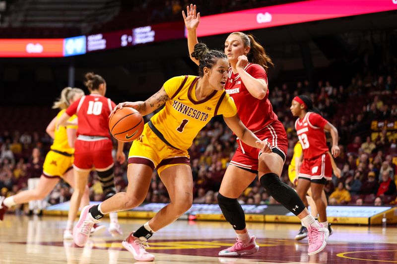 Feb 20, 2024; Minneapolis, Minnesota, USA; Minnesota Golden Gophers forward Ayianna Johnson (1) works around Wisconsin Badgers guard Brooke Schramek (3) during the first half at Williams Arena. Mandatory Credit: Matt Krohn-USA TODAY Sports