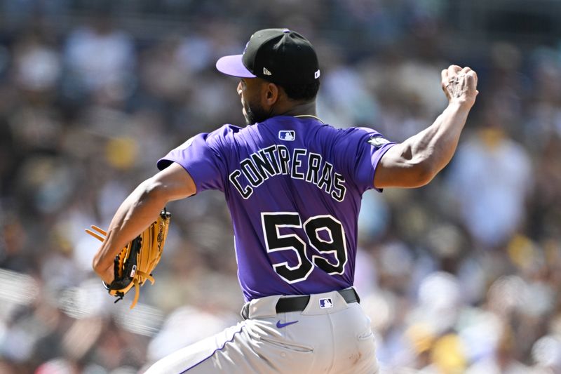 Sep 14, 2025; San Diego, California, USA; Colorado Rockies relief pitcher Roansy Contreras (59) delivers during the sixth inning against the San Diego Padres at Petco Park. Mandatory Credit: Denis Poroy-Imagn Images