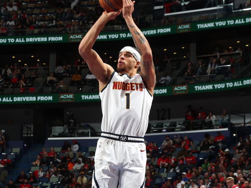 NEW ORLEANS, LA - NOVEMBER 15: Michael Porter Jr. #1 of the Denver Nuggets three point basket during the game against the New Orleans Pelicans during the Emirates NBA Cup game on November 15, 2024 at the Smoothie King Center in New Orleans, Louisiana. NOTE TO USER: User expressly acknowledges and agrees that, by downloading and or using this Photograph, user is consenting to the terms and conditions of the Getty Images License Agreement. Mandatory Copyright Notice: Copyright 2024 NBAE (Photo by Layne Murdoch Jr./NBAE via Getty Images)