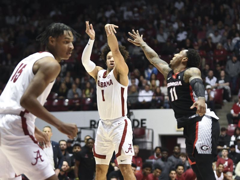 Feb 18, 2023; Tuscaloosa, Alabama, USA; Alabama guard Mark Sears (1) bombs a three pointer over Georgia guard Justin Hall (11) at Coleman Coliseum. Mandatory Credit: Gary Cosby Jr.-USA TODAY Sports