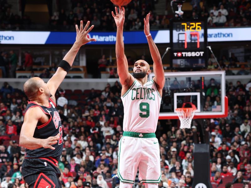 CHICAGO, IL - NOVEMBER 29: Derrick White #9 of the Boston Celtics shoots the ball during the game against the Chicago Bulls during the Emirates NBA Cup game on November 29, 2024 at United Center in Chicago, Illinois. NOTE TO USER: User expressly acknowledges and agrees that, by downloading and or using this photograph, User is consenting to the terms and conditions of the Getty Images License Agreement. Mandatory Copyright Notice: Copyright 2024 NBAE (Photo by Jeff Haynes/NBAE via Getty Images)