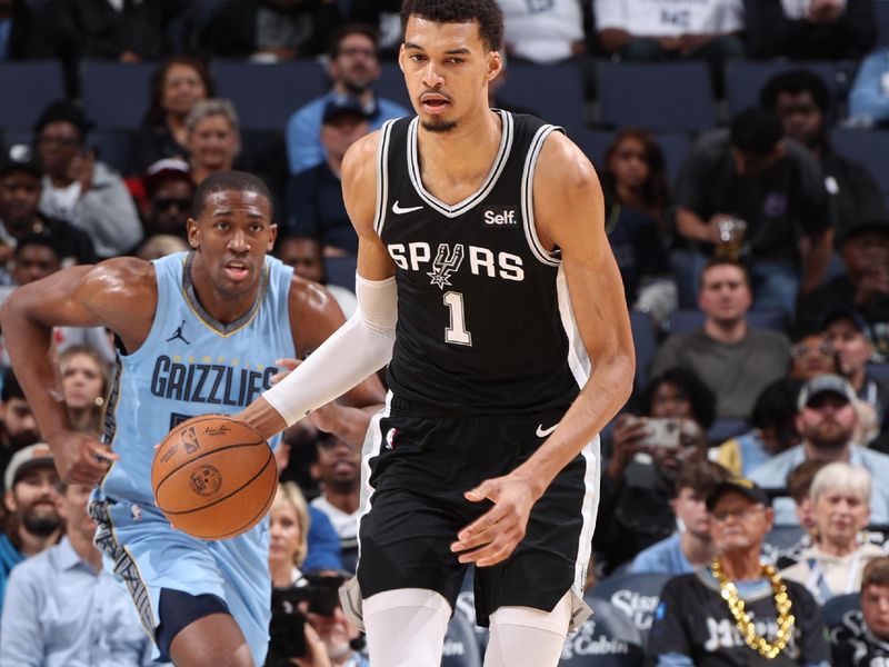 MEMPHIS, TN - APRIL 9: Victor Wembanyama #1 of the San Antonio Spurs dribbles the ball during the game against the Memphis Grizzlies on April 9, 2024 at FedExForum in Memphis, Tennessee. NOTE TO USER: User expressly acknowledges and agrees that, by downloading and or using this photograph, User is consenting to the terms and conditions of the Getty Images License Agreement. Mandatory Copyright Notice: Copyright 2024 NBAE (Photo by Joe Murphy/NBAE via Getty Images)